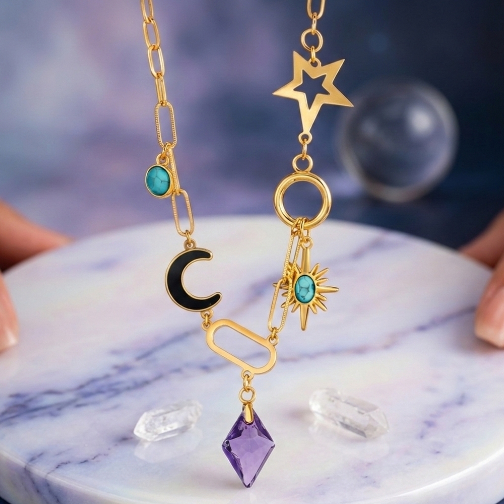 18K Gold Plated Sun Moon Star Charm Necklace Celestial Turquoise Boho Whimsigoth
